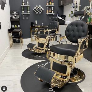 Sillón de Barbería Mia 2025 de Estilo Antiguo, Tapizado en Cuero Negro y Dorado, con Bomba Hidráulica y Base Redonda, para Peluquería - Product Image 1