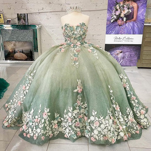 Sweetheart Neckline Ball Gown Floral Print Embroidered Organza Evening Dress Women's Large Skirt Forest Style Party Dress - Product Image 1
