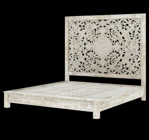 Lit élégant en bois de manguier massif sculpté à la main, taille king size, sans rangement, structure robuste et durable, finition premium, design élégant - Product Image 1