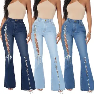 factory custom denim jeans plus size high waisted skinny jeans lace up pants flared jeans women