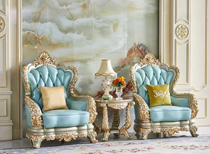 Divano in Stile Europeo per Villa di Lusso, Combinazione 1 2 3 Posti, Set di Divani in Legno Massello Intagliato e Pelle Anticata - Product Image 5