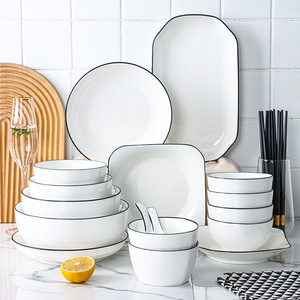 Peralatan makan bermata-hitam putih gaya Nordic untuk restoran porselen mangkuk sendok piring Set alat makan keramik putih - Product Image 1