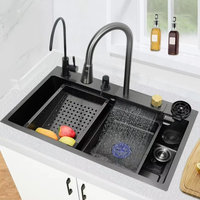 Évier de cuisine moderne et populaire en acier inoxydable, grand carré, à cuve unique, à encastrer sous plan, avec cascade, finition brossée, cinq trous, design