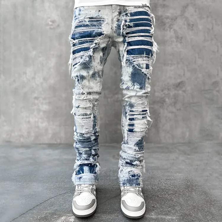 Calças jeans masculinas casuais, vintage, slim fit, personalizada, logotipo personalizado, reparo, calças jeans destruída