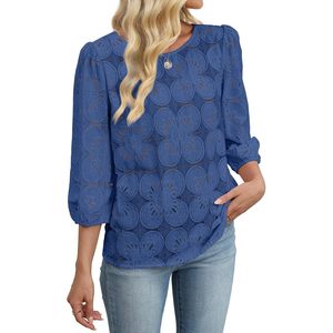 FOXA Blusa de encaje azul real para mujer, manga 3/4, estampado floral, top informal para uso diario - Product Image 4