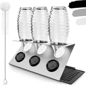 Kitchen Counter Stainless Steel 3-Holes Soda Bottle Drying Draining Rack Soda Bottles Drainer Holder with Pad Utensil Holder