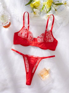 ชุดชั้นในเซ็กซี่สีแดงแบบซีทรู 2 ชิ้น สำหรับผู้หญิง  คอลเลคชั่นฤดูใบไม้ร่วง  บราตาข่ายปักลาย  พร้อมกางเกงใน - Product Image 4