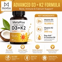 Capsules de Vitamine D3 K2 de Haute Qualité Certifiées GMP, Formule à l'Huile de Coco Facile à Avaler pour Adultes (Ne convient pas aux nouveau-nés)