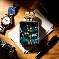 Flacon de parfum de luxe GC en verre bleu marbré carré de 100 ml avec bouchon côtelé doré, flacon pulvérisateur de parfum vide