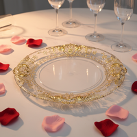 Assiette de présentation ronde élégante en plastique PP avec bordure dorée pour réceptions de mariage et décorations de table de fête