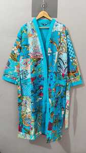 Bata de dormir informal de algodón suave para mujer, estilo kimono Kantha acolchado de longitud completa, con cuello en V y manga tres cuartos, ideal para primavera. - Product Image 4