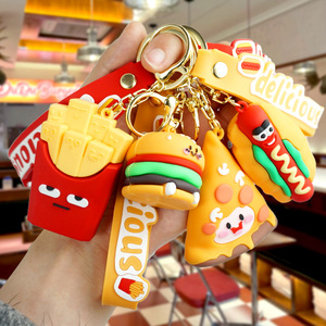 Cute Popular Cartoon Rubber Keychain Hamburger Pizza Fries Sausage Pendant Accessory Non Toxic Zinc Alloy Charm Silk Screen - Product Image 2