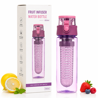 Bouteille d'eau de sport sans BPA de 650 ml avec couvercle rabattable et infuseur à fruits, pour boire directement, compatible eau bouillante, en plastique écologique