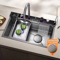 Évier de cuisine rectangulaire moderne multifonctionnel en acier inoxydable Maite Digital Smart Waterfall avec robinet et surface polie
