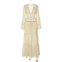 Ensemble de vacances tendance pour femmes Channel, 2 pièces, 2026, haut à manches longues à col en V sexy, haut court à boutons et jupe longue à volants