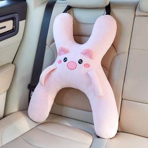 Coussin de voyage en peluche rose avec motif animalier, adorable tête de cochon, support de tête et de cou pour siège de voiture avec ceinture de sécurité - Product Image 1