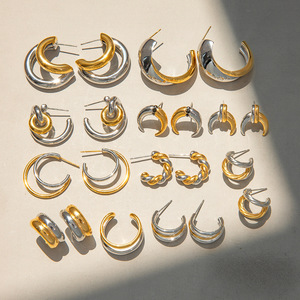 Boucles d'oreilles créoles géométriques bicolores or et argent en acier inoxydable, ensemble de bijoux tendance - Product Image 2