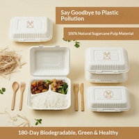Boîte à lunch jetable en bagasse, 3 compartiments, type bento, biodégradable, compostable, écologique, pour plats à emporter