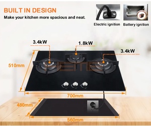 Estufa de Gas Empotrable de 70cm con Doble Quemador Wok y 3 Quemadores, Vitrocerámica para Instalación en el Hogar - Product Image 3