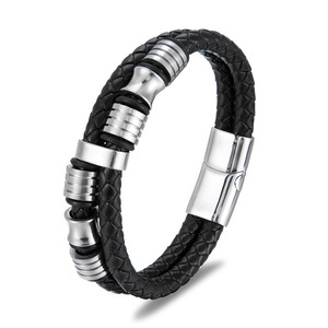 Foreign Trade Men's Double-layer Cowhide String Titanium Steel <b>Bracelet</b> Woven Handmade Multi-layer <b>Leather</b> <b>Bracelet</b> - Product Image 3