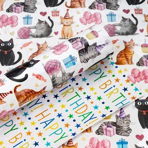 Reversible Cat <b>Wrapping</b> <b>Paper</b> 17 In X 16.5 Ft Double Side Watercolor Kitten Birthday Gift Wrap For Craft Recyclable - Product Image 1