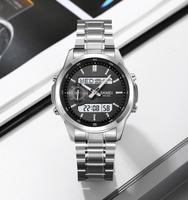Dual Time Men Watch Edelstahl armband Wecker mit Weltzeit Chronograph Countdown und Sommerzeit Funktionen