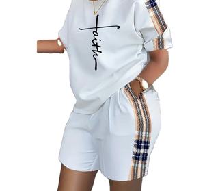 Nouvel Ensemble Vêtements Grande Taille pour <span class=keywords><strong>Femmes</strong></span> Été 2025, Imprimé Numérique, Col Rond, Manches Courtes et Short - Product Image 1