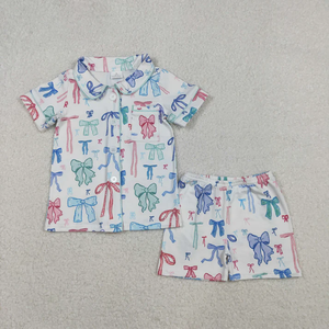 Ropa a juego para la familia, conjuntos de pijamas para niñas pequeñas, estampado de lazos coloridos, tops con botones, pantalones cortos, 2 piezas, ropa de estar por casa para mamá y yo - Product Image 3