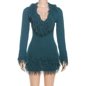 เดรสไหมพรมแฟชั่นผู้หญิงมาใหม่ แขนยาว แต่งชายครุย คอลึกเซ็กซี่ - Product Image 6