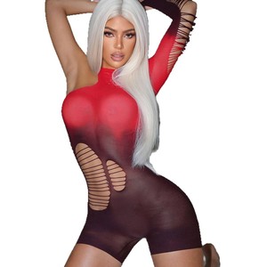 Body de red Sexy erótico para mujer, camisón de lujo de manga larga de Color degradado, falda abrazada a la cadera, diseño recortado en la cintura sin espalda - Product Image 5