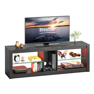 BESTIER RGB حامل تلفاز ل 65 "الألعاب الترفيه مركز الألعاب LED TV وسائل الإعلام طاولة وحدة التحكم مع 2 الزجاج الرف الألعاب التلفزيون مجلس الوزراء