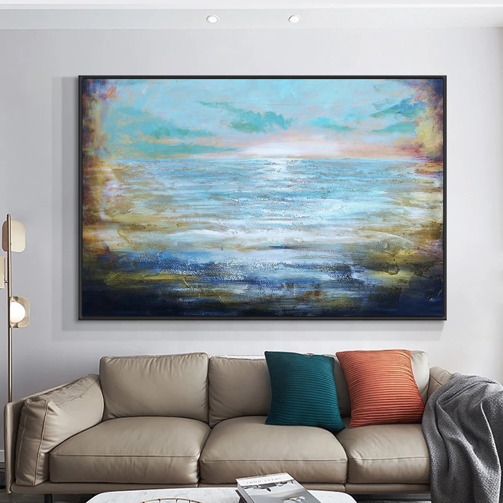 Quadro Tela Spiaggia Blu Oceano Astratto 91x61 Cm | Arte Moderna Dipinta A Mano Con Sedie E Gabbiani Per Soggiorno