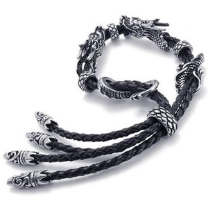 สร้อยข้อมือหนังถักลายหัวมังกรคู่ ยี่ห้อ Yunnique เงินทิเบต ของขวัญเครื่องประดับผู้ชาย เชือกเคลือบสีดำ สไตล์สัตว์ - Product Image 2