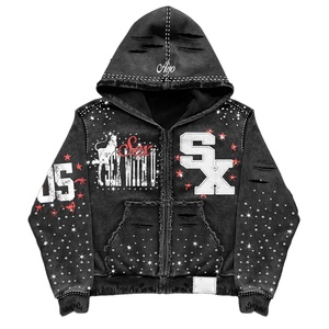 Customized Zipper Cotton <b>Jackets</b> 400gsm Boxy Distressed Heavyweight <b>Rhinestone</b> Zip Up Men's Hoodies Manufacturer - Product Image 2