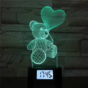 Diseños de globos de oso y amor, luz de noche LED, 3D ilusión, lámpara de luz para niños y estudiantes con lámpara de reloj de tiempo