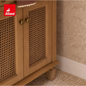 Meuble <span class=keywords><strong>de</strong></span> salle <span class=keywords><strong>de</strong></span> bain Alland personnalisé, moderne, avec double vasque, <span class=keywords><strong>miroir</strong></span>, finition laiton, panneau en <span class=keywords><strong>rotin</strong></span> texturé en bois naturel, encadré - Product Image 3
