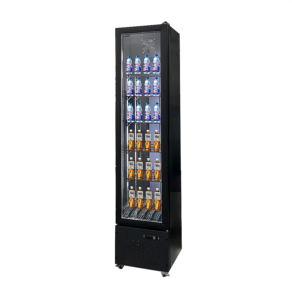 Refrigerador vertical fino com porta de vidro transparente refrigerador para bebidas com compressor 220L