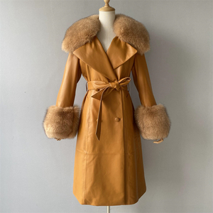 Autumn Fox Fur Collar Cuffs Women Long Genuine Sheepskin Leather Jacket Black Real Leather <strong>Trench</strong> <strong>Waterproof</strong> for Ladies - Product Image 3