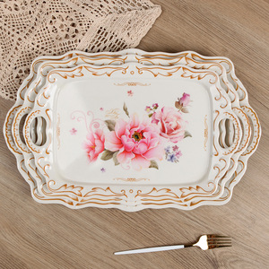 Juego de Bandejas de Melamina con Asas - Rectangulares, Gruesas, Estilo Retro de Lujo, con Relieve Floral, para Uso Doméstico - Product Image 2