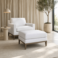 Pouf en tissu de lin blanc, style moderne minimaliste, repose-pieds avec base en bois et pieds coniques pour salon, siège supplémentaire