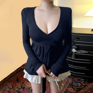 T-shirt femme à manches longues, col en V, à nouer devant, coupe trapèze, couleur unie, ample, grande taille, style mode et décontracté - Product Image 1