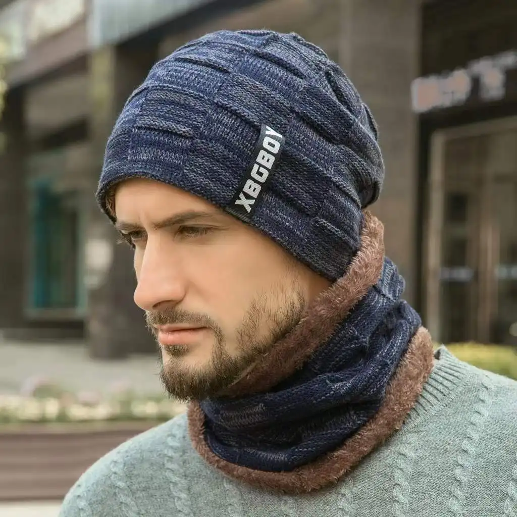 Knitted Hood Men's Winter Two-piece Ear Protection Warm Hat Riding Thick Cotton Hat Winter Beanie Scarf Set