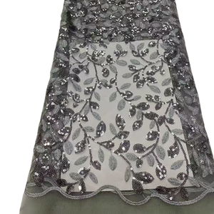 ผ้าปักลายใบไม้สีฟ้าประดับเลื่อมเงิน ผ้าตาข่ายปักลายสำหรับชุดแต่งงาน - Product Image 6