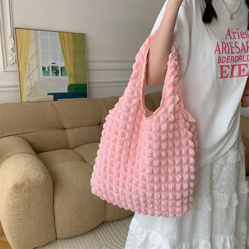 Custom Logo Fashion Recycled Shoulder Bag Solid Color Handbag Women Tote Beach Bag Soft Cute Foldable Reusable Shopping Bag