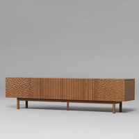 Meuble TV extra long en noyer de style mid-century, 90 pouces, avec portes, étagères et gestion des câbles