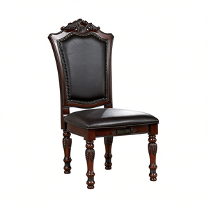 Silla de Comedor Tradicional de Madera Maciza, Color Cerezo Marrón, Detalles Tallados, Asiento de Cuero Sintético Negro, Muebles Formales para el Hogar - Product Image 1