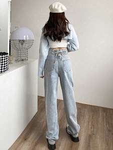 Women Factory Wholesale Light-Colored Straight-<strong>Leg</strong> <strong>Jeans</strong> Stylish Wardrobe Essentials Unique High Flattering Back Bow Denim <strong>Jeans</strong>