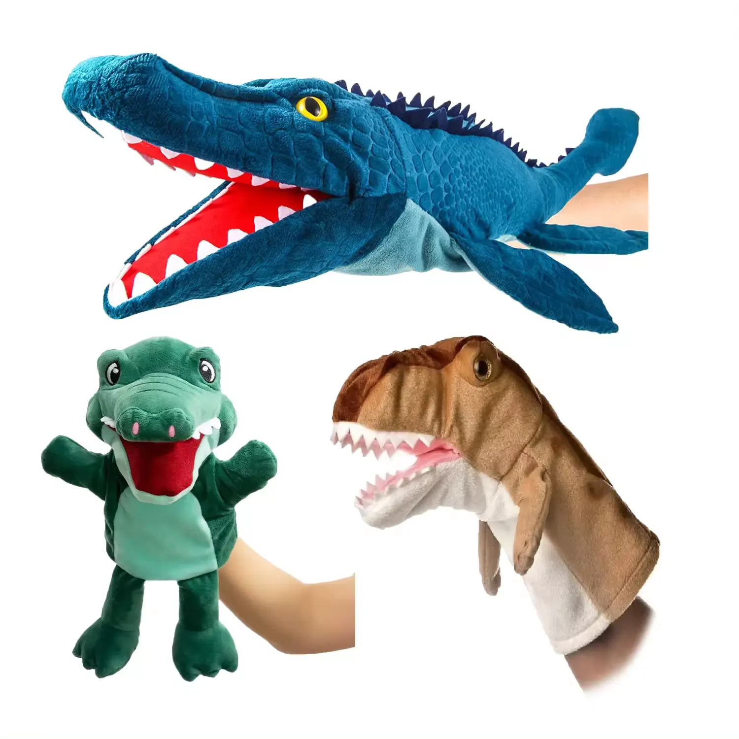 Marionetas de mano de dinosaurio, juego de juguetes de cabeza de Animal suave realista, marionetas de mano, juguetes de Tiranosaurio Triceratops de peluche