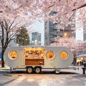 Carrito de Café Móvil de Acero Inoxidable con 4 Ruedas Redondeadas Blancas y Ventanas Circulares para Servicio de Helados y Comida Rápida - Product Image 1