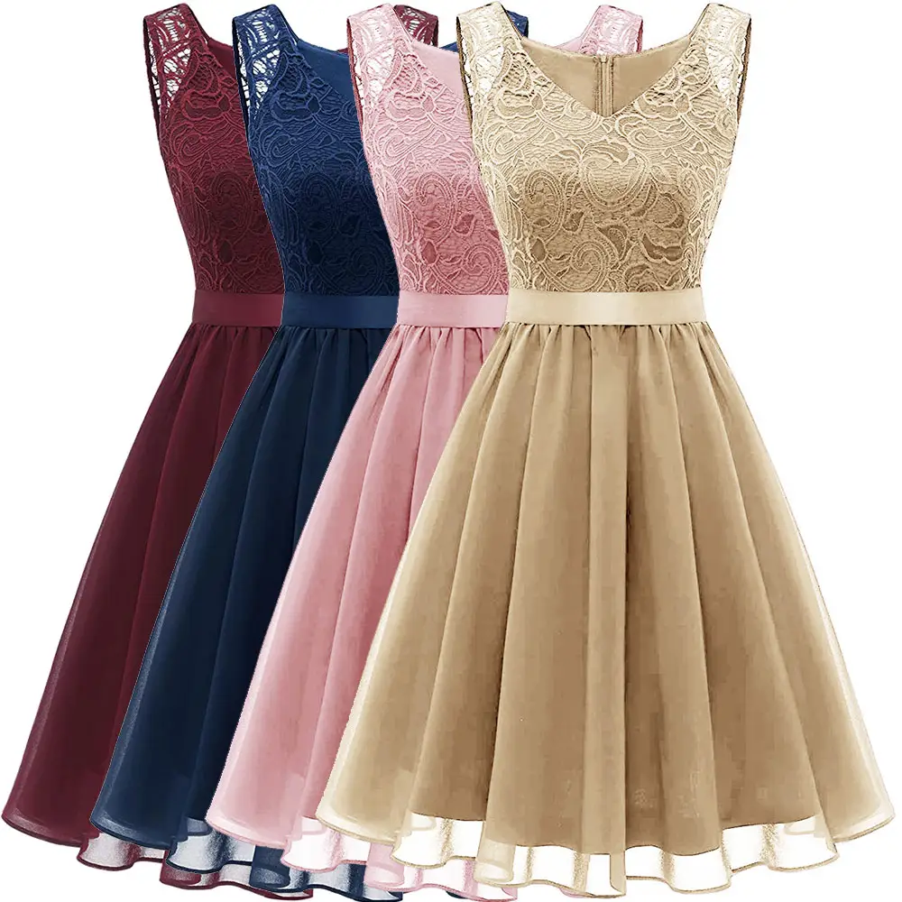 Wholesale Lace Embroidery Solid Color Sleeveless V Neck Bridesmaid Dresses Retro Swing Lace Chiffon Midi Dress